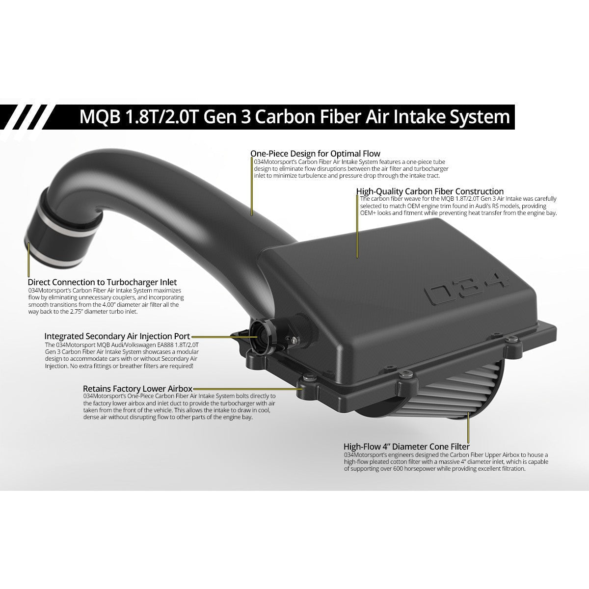 X34 Carbon Fiber MQB Open-Top Cold Air Intake System, 8V/8S Audi A3/S3/TT/TTS, MkVII VW Golf/GTI/R & MkVII VW GLI, 1.8T/2.0T Gen 3 - T1 Motorsports