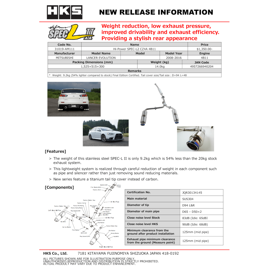HKS Hi-Power Exhaust SPEC-L2 - 2008-2015 Mitsubishi Evolution X