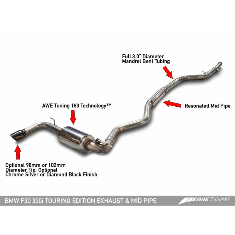 AWE Tuning Touring Exhaust w/Performance Midpipe with Diamond Black Tip (90mm) - 2013-2018 BMW F30 320i - STREETUNED