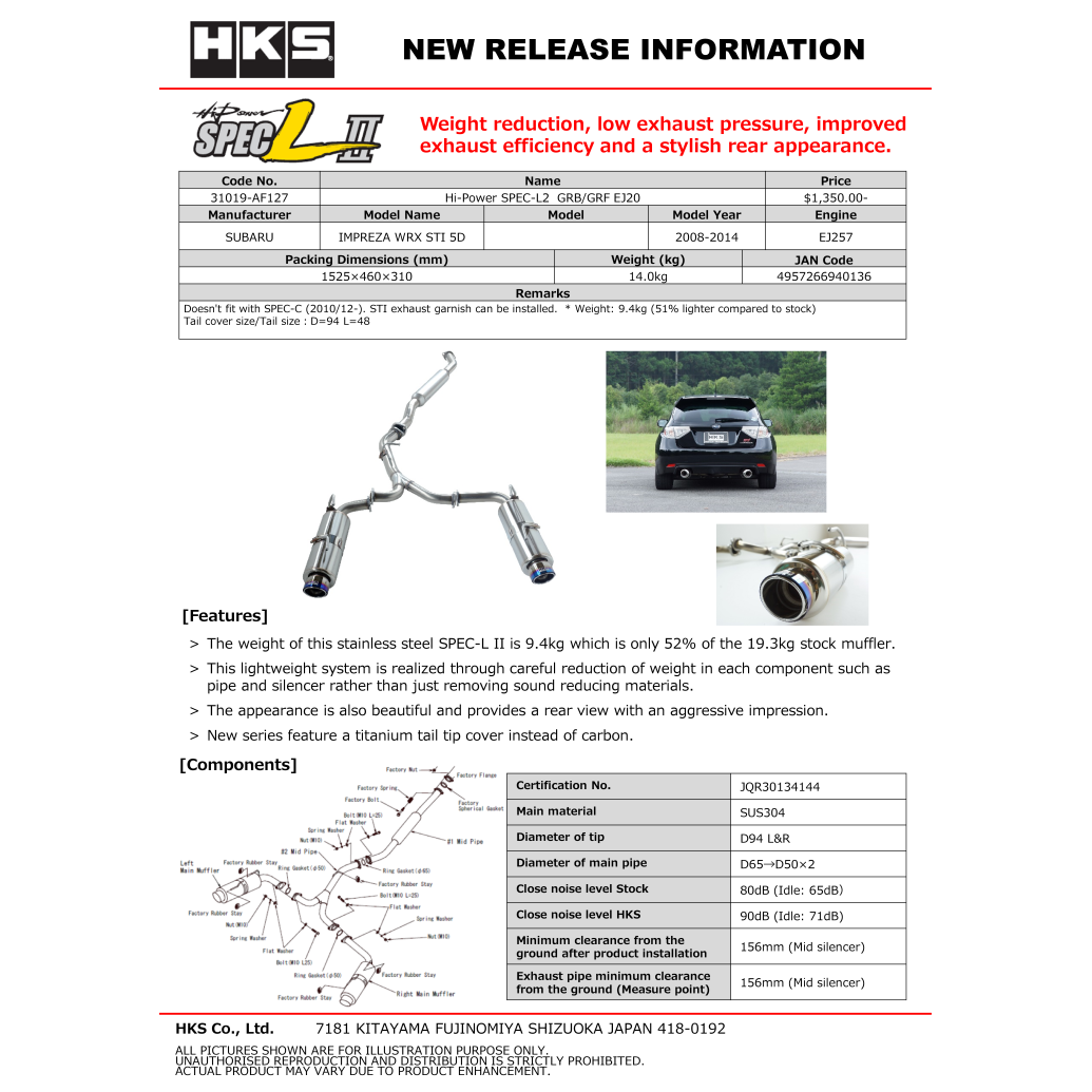 HKS Hi-Power SPEC-L2 - 2007-2014 Subaru WRX STI Hatchback