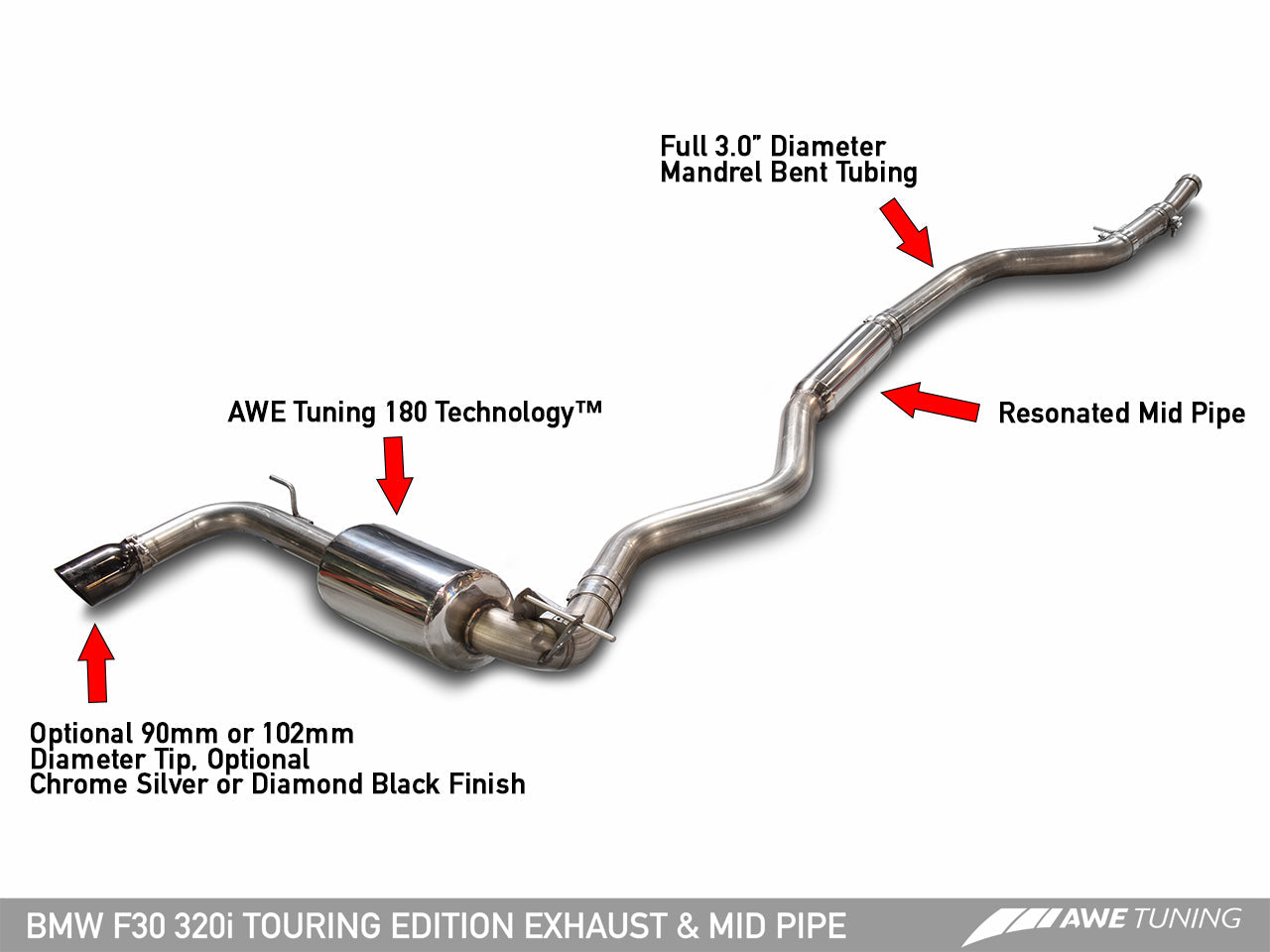 AWE Tuning Touring Edition Exhaust w/ Perfomance Midpipe with Diamond Black Tips (102mm) - 2013-2018 BMW 320i (F30) - STREETUNED