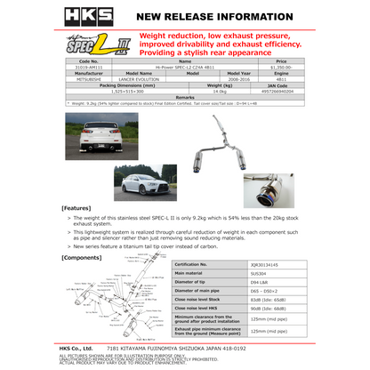 HKS Hi-Power Exhaust SPEC-L2 - 2008-2015 Mitsubishi Evolution X