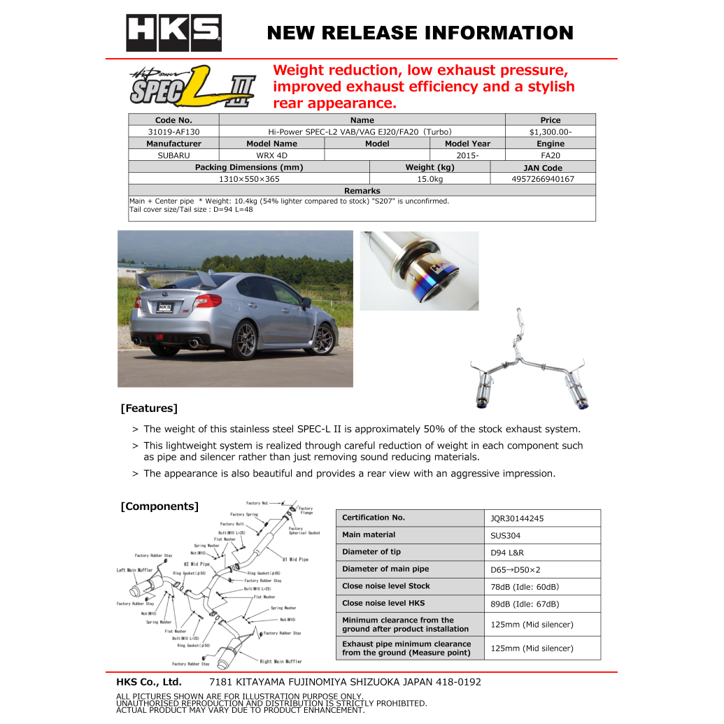 HKS Hi-Power Exhaust SPEC-L2 - 2015-2021 Subaru WRX