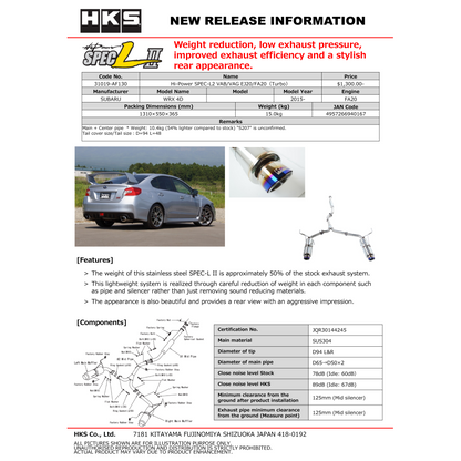 HKS Hi-Power Exhaust SPEC-L2 - 2015-2021 Subaru WRX