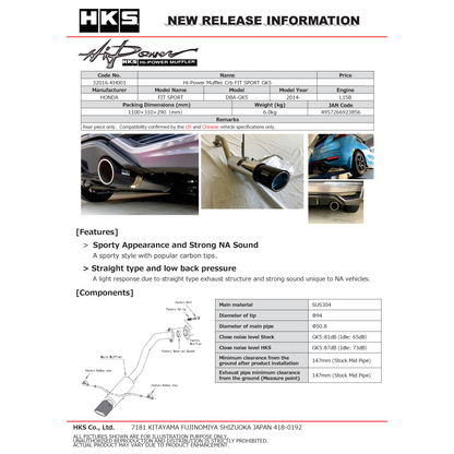 HKS Hi-Power Muffler w/ Carbon Tips - 2015-2020 Honda Fit