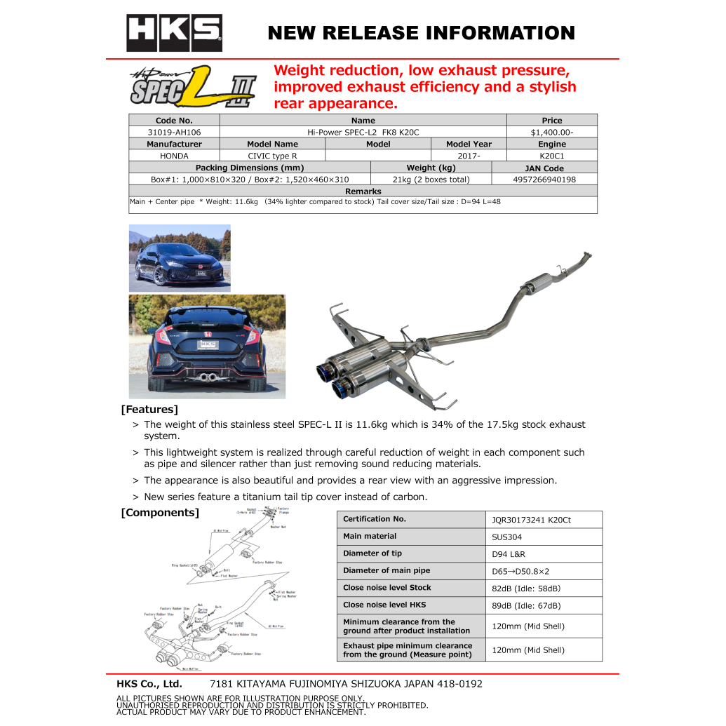 HKS Hi-Power Muffler SPEC-L2 - 2017-2021 Honda FK8 Civic Type-R