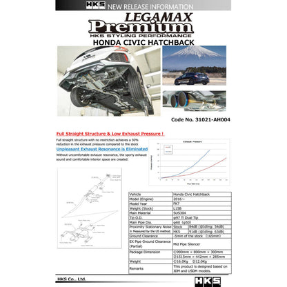 HKS Legamax Premium Exhaust System - 2017-2021 Honda FK7 Civic Hatchback
