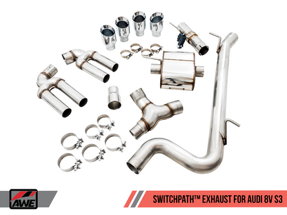 AWE Tuning SwitchPath Exhaust w/Chrome Silver Tips (102mm) - 2017-2020 Audi 8V S3 - STREETUNED